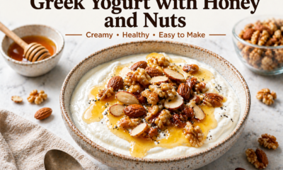 bowl of greek yogurt with honey and nuts