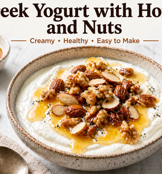 bowl of greek yogurt with honey and nuts